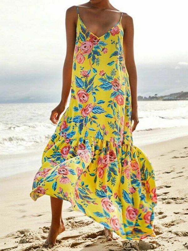 The Best Fashion Beach Dress Women Holiday Sleeveless Loose Summer Beach Casual Floral Long Maxi Dress Sundress Online - Takalr