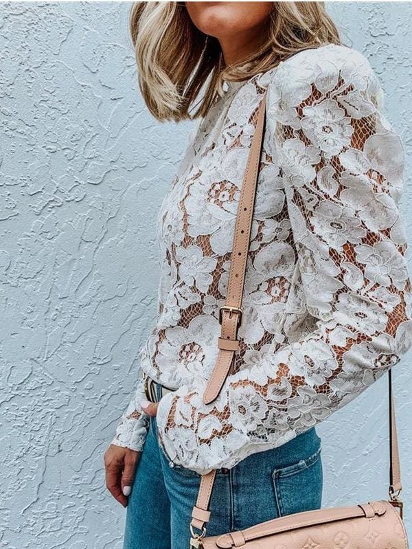 The Best Fashion Boho Beach Floral Women Tops Elegant Ladies Long Sleeve Hollow out Lace Shirt Floral Casual Streetwear Online - Takalr