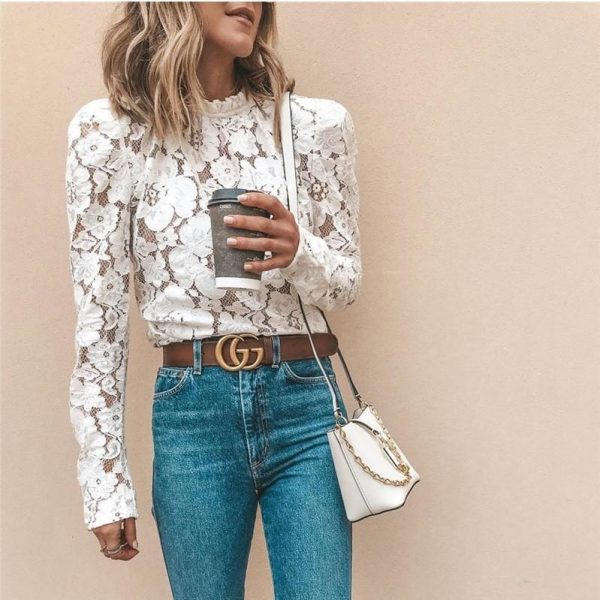 The Best Fashion Boho Beach Floral Women Tops Elegant Ladies Long Sleeve Hollow out Lace Shirt Floral Casual Streetwear Online - Takalr