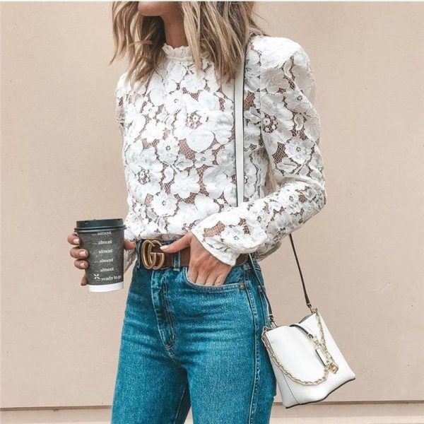 The Best Fashion Boho Beach Floral Women Tops Elegant Ladies Long Sleeve Hollow out Lace Shirt Floral Casual Streetwear Online - Takalr