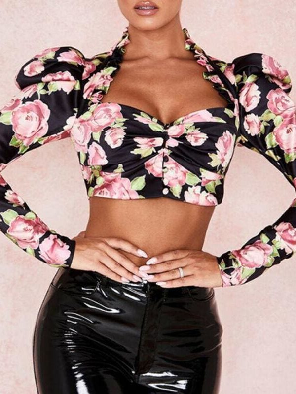 The Best Fashion Boho Floral Women Slim Fit Long Puff Sleeve Crop Tops Ladies Summer Casual Cami Vest Tank Top Blouse Tee Shirt Online - Takalr