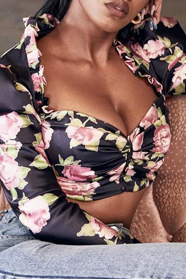 The Best Fashion Boho Floral Women Slim Fit Long Puff Sleeve Crop Tops Ladies Summer Casual Cami Vest Tank Top Blouse Tee Shirt Online - Takalr