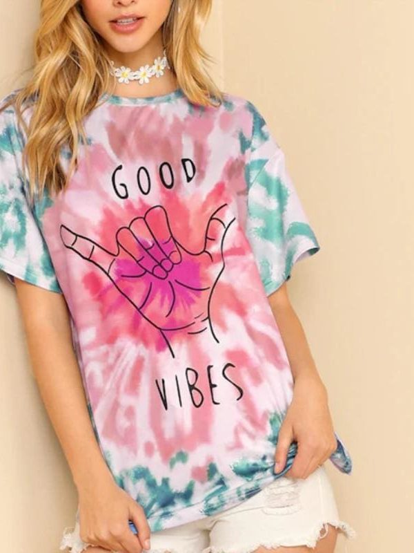 The Best Fashion Boho Women Casual Summer Short Sleeve Loose T-Shirt Ladies GOOD VIBES Print Cotton Tops Shirt Outwear Online - Takalr