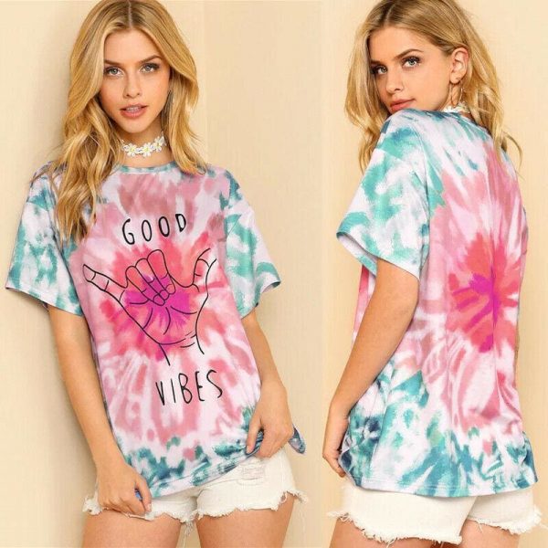 The Best Fashion Boho Women Casual Summer Short Sleeve Loose T-Shirt Ladies GOOD VIBES Print Cotton Tops Shirt Outwear Online - Takalr