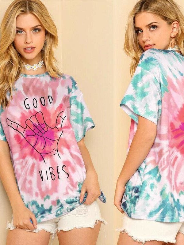 The Best Fashion Boho Women Casual Summer Short Sleeve Loose T-Shirt Ladies GOOD VIBES Print Cotton Tops Shirt Outwear Online - Takalr