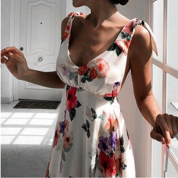 The Best Fashion Floral Dress Women Summer Sleeveless V-Neck Backless Vintage Long Boho Party Casual Loose Beach Sundress Online - Takalr