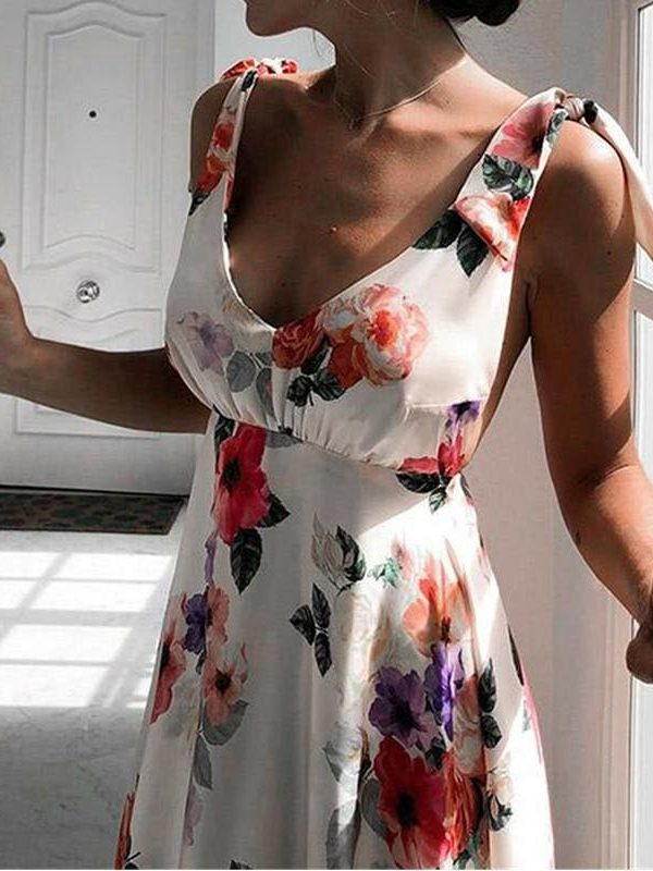 The Best Fashion Floral Dress Women Summer Sleeveless V-Neck Backless Vintage Long Boho Party Casual Loose Beach Sundress Online - Takalr