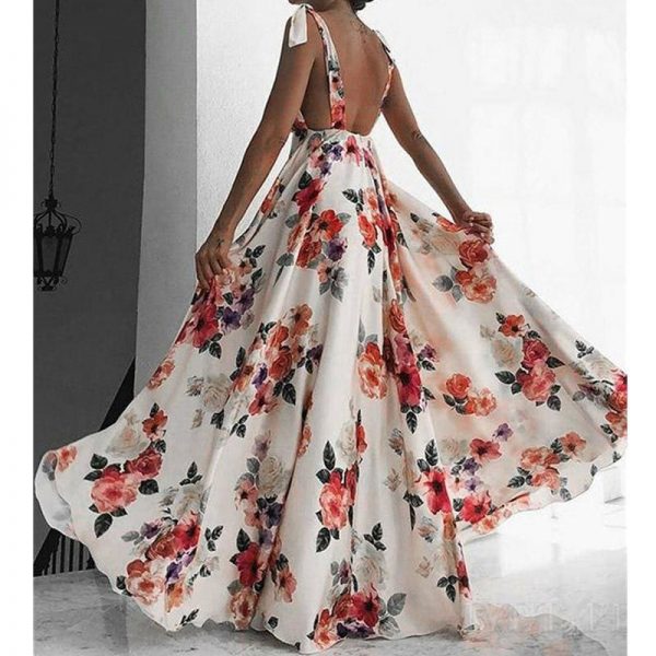 The Best Fashion Floral Dress Women Summer Sleeveless V-Neck Backless Vintage Long Boho Party Casual Loose Beach Sundress Online - Takalr