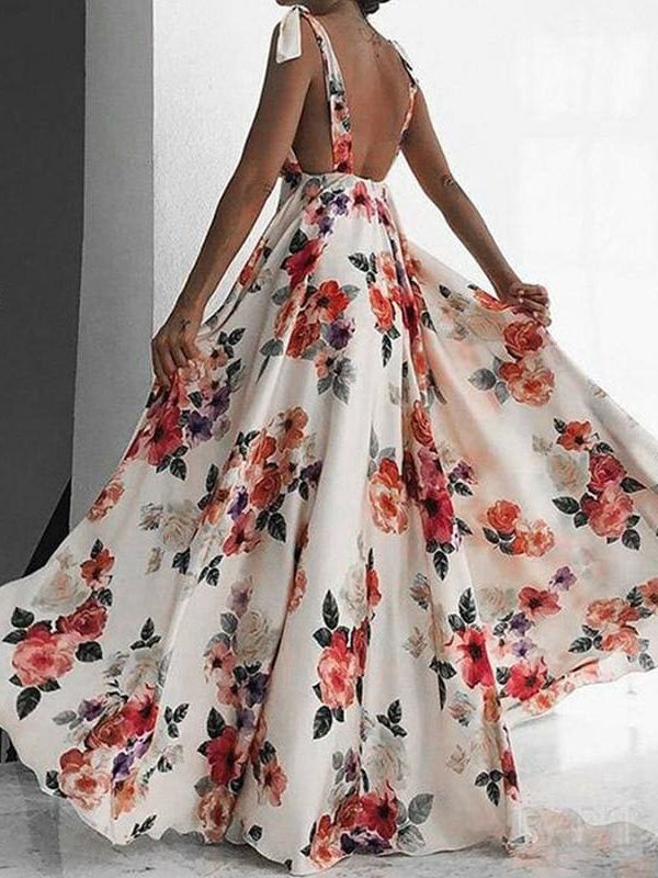 The Best Fashion Floral Dress Women Summer Sleeveless V-Neck Backless Vintage Long Boho Party Casual Loose Beach Sundress Online - Takalr