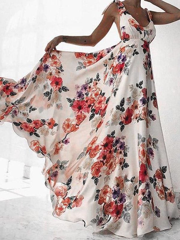 The Best Fashion Floral Dress Women Summer Sleeveless V-Neck Backless Vintage Long Boho Party Casual Loose Beach Sundress Online - Takalr