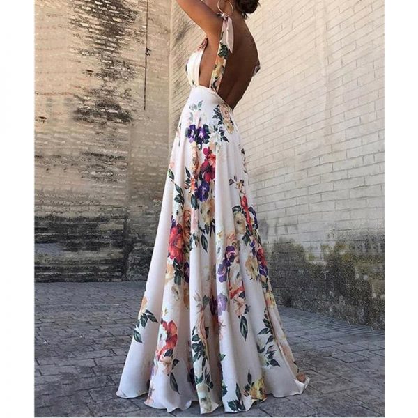 The Best Fashion Floral Dress Women Summer Sleeveless V-Neck Backless Vintage Long Boho Party Casual Loose Beach Sundress Online - Takalr