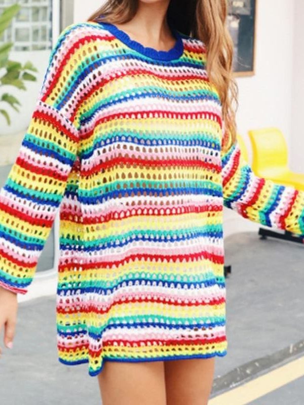 The Best Fashion Girls Women Early Autumn Rainbow Sweater O-neck Hollow-out Long Sleeve Pullovers Female Jumpers Tops Streetwear Online - Source Silk