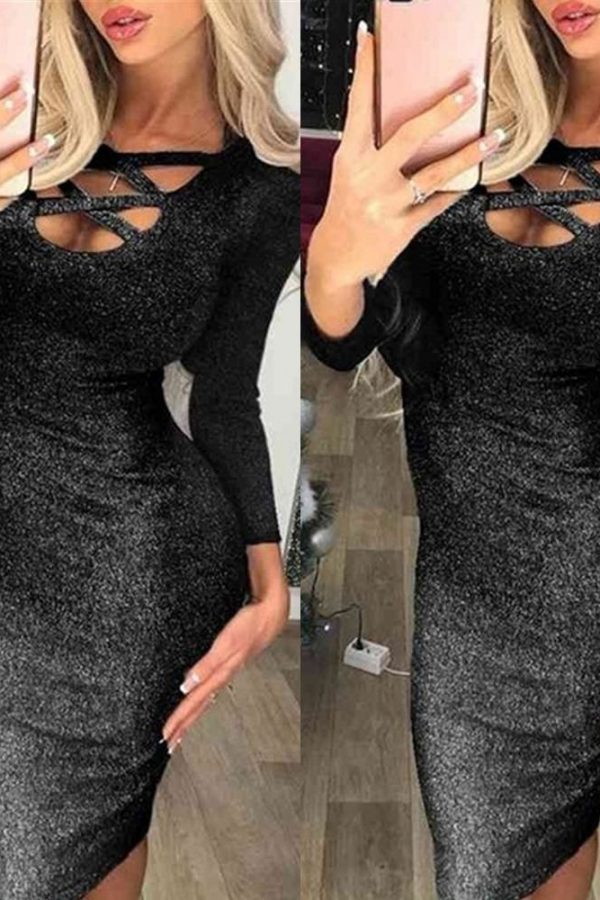 The Best Fashion Glitter Sequin Evening Dress Hollow Out Bodycon Sexy Women Clubwear Wrap Party Slim Fit Formal Dress Online - Takalr