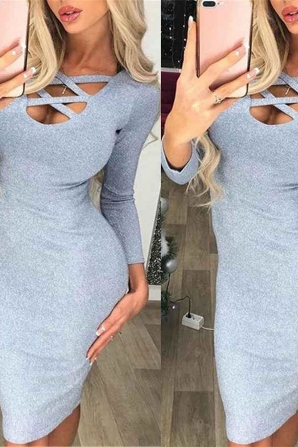 The Best Fashion Glitter Sequin Evening Dress Hollow Out Bodycon Sexy Women Clubwear Wrap Party Slim Fit Formal Dress Online - Takalr