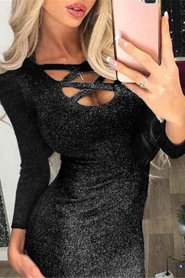 The Best Fashion Glitter Sequin Evening Dress Hollow Out Bodycon Sexy Women Clubwear Wrap Party Slim Fit Formal Dress Online - Takalr