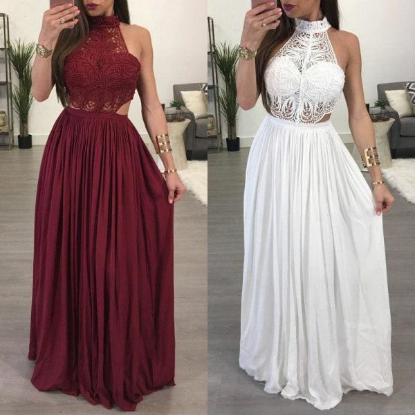 The Best Fashion Lace Maxi Dress Ladies Backless Sexy Hollow Out Skinny Summer Boho Elegant Women Evening Party Halter Sleeveless Dress Online - Takalr