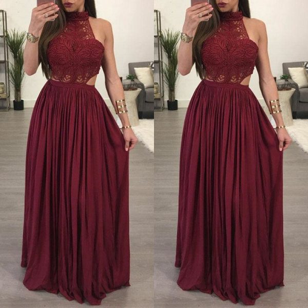 The Best Fashion Lace Maxi Dress Ladies Backless Sexy Hollow Out Skinny Summer Boho Elegant Women Evening Party Halter Sleeveless Dress Online - Takalr