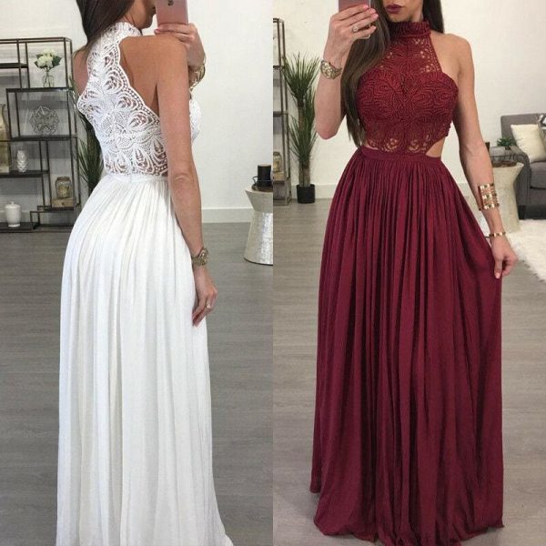 The Best Fashion Lace Maxi Dress Ladies Backless Sexy Hollow Out Skinny Summer Boho Elegant Women Evening Party Halter Sleeveless Dress Online - Takalr