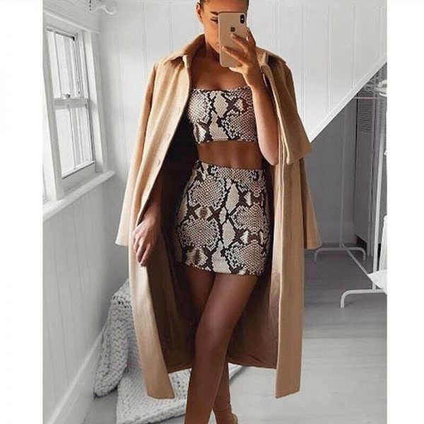 The Best Fashion Ladies Snake Print Two Piece Set Streetwear Women Summer Sleeveless Bandage Crop Top Skirt set Party Club Outfit Set Online - Takalr