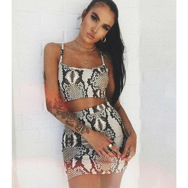 The Best Fashion Ladies Snake Print Two Piece Set Streetwear Women Summer Sleeveless Bandage Crop Top Skirt set Party Club Outfit Set Online - Takalr