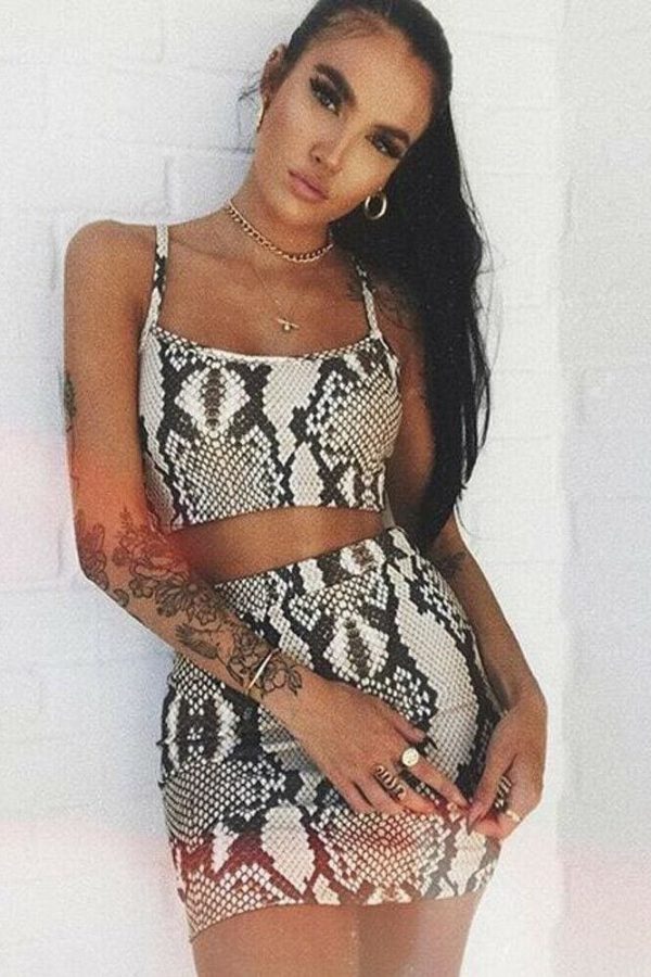 The Best Fashion Ladies Snake Print Two Piece Set Streetwear Women Summer Sleeveless Bandage Crop Top Skirt set Party Club Outfit Set Online - Takalr