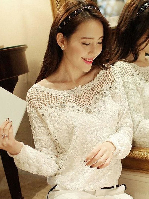 The Best Fashion Ladies Women Autumn Fall Lace Hollow Long Sleeve Casual T Shirt Tops Loose Soft Leisure Tees Online - Takalr