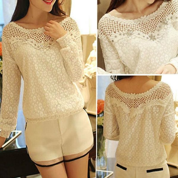 The Best Fashion Ladies Women Autumn Fall Lace Hollow Long Sleeve Casual T Shirt Tops Loose Soft Leisure Tees Online - Takalr