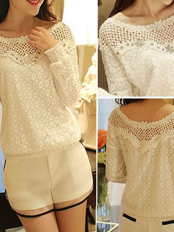 The Best Fashion Ladies Women Autumn Fall Lace Hollow Long Sleeve Casual T Shirt Tops Loose Soft Leisure Tees Online - Takalr