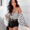 The Best Fashion Ladies Women Off Shoulder Long Sleeve Polka Stretch Bardot Romper Jumpsuit Bodysuit Leotard Top Online - Takalr