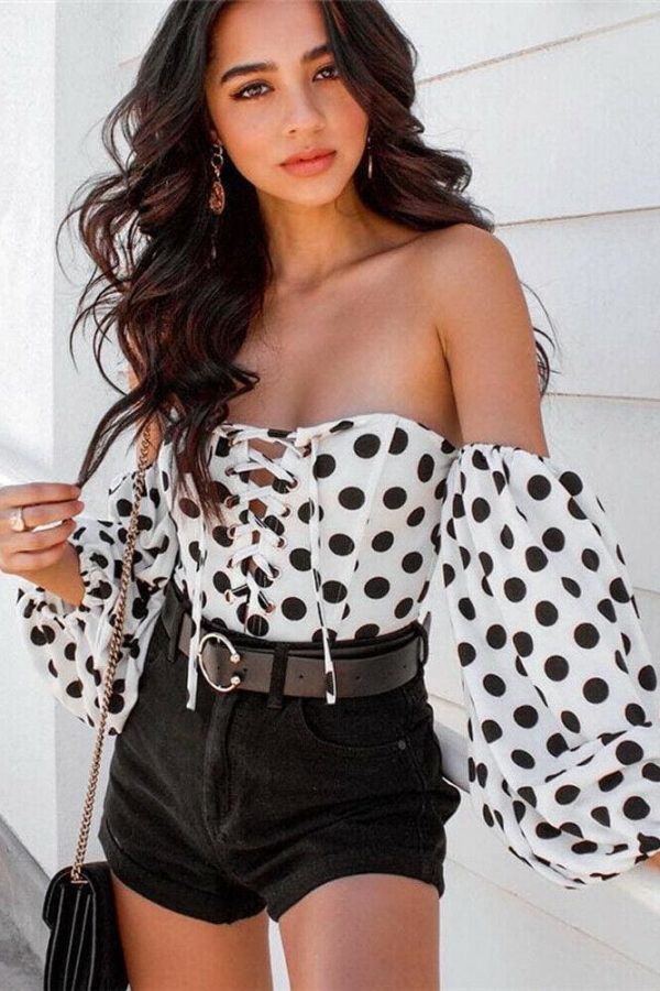 The Best Fashion Ladies Women Off Shoulder Long Sleeve Polka Stretch Bardot Romper Jumpsuit Bodysuit Leotard Top Online - Takalr