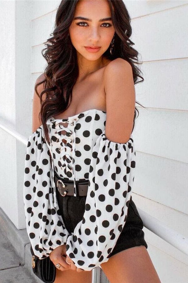 The Best Fashion Ladies Women Off Shoulder Long Sleeve Polka Stretch Bardot Romper Jumpsuit Bodysuit Leotard Top Online - Takalr