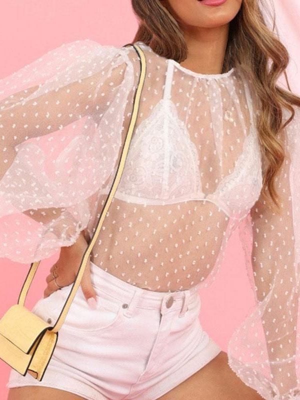 The Best Fashion Ladies Women Sexy See Through Mesh Shirts Dot Printed Puff Long Sleeve Sheer O Neck Blouse Clubwear Summer Tops Online - Takalr