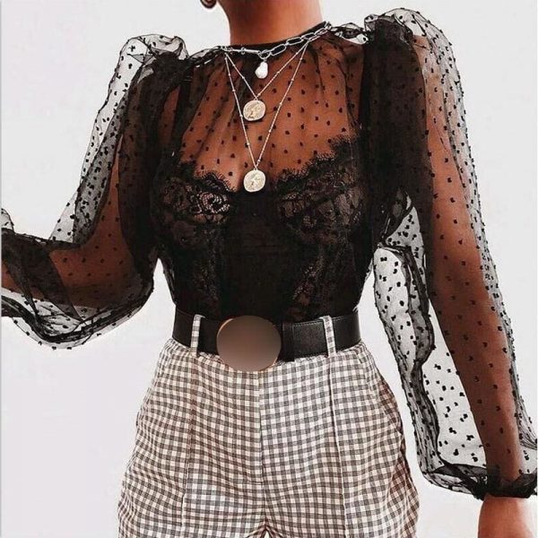 The Best Fashion Ladies Women Sexy See Through Mesh Shirts Dot Printed Puff Long Sleeve Sheer O Neck Blouse Clubwear Summer Tops Online - Takalr