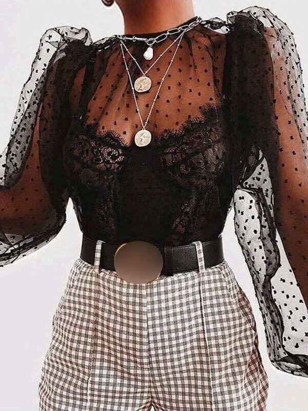 The Best Fashion Ladies Women Sexy See Through Mesh Shirts Dot Printed Puff Long Sleeve Sheer O Neck Blouse Clubwear Summer Tops Online - Takalr