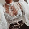 The Best Fashion Ladies Women Sexy See Through Mesh Shirts Dot Printed Puff Long Sleeve Sheer O Neck Blouse Clubwear Summer Tops Online - Takalr