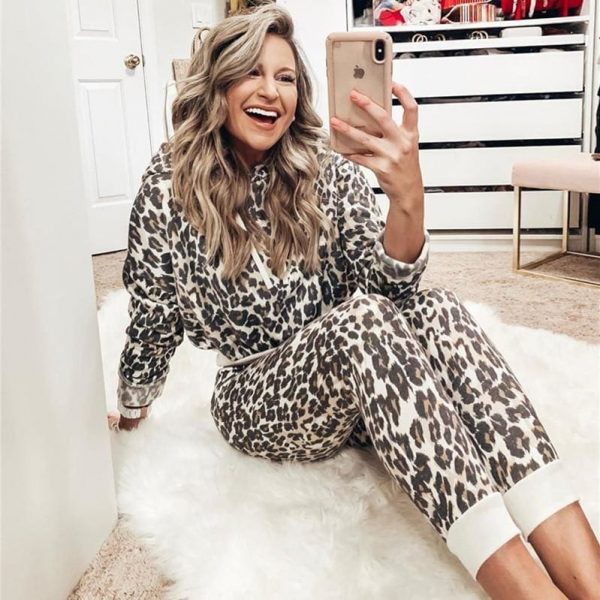 The Best Fashion Leopard Print Two Piece Set Women Autumn Long Sleeve Top and Pants Suit 2 Piece Set Online - Takalr