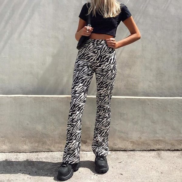 The Best Fashion Long Pants Women High Waist Flat Front Zebra Print Wide-Leg Pants Trouser Online - Takalr