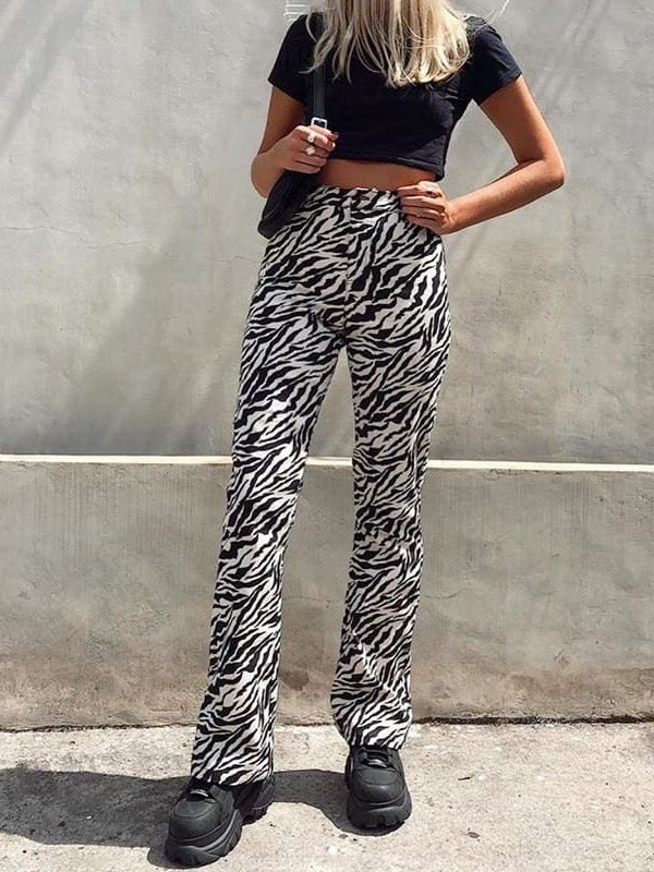 The Best Fashion Long Pants Women High Waist Flat Front Zebra Print Wide-Leg Pants Trouser Online - Takalr