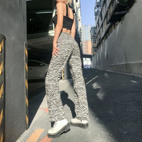 The Best Fashion Long Pants Women High Waist Flat Front Zebra Print Wide-Leg Pants Trouser Online - Takalr