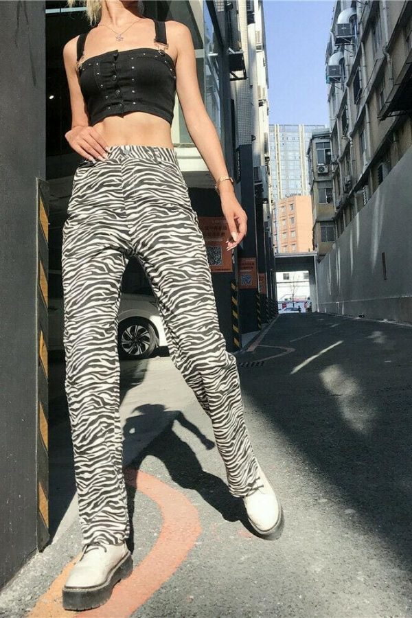 The Best Fashion Long Pants Women High Waist Flat Front Zebra Print Wide-Leg Pants Trouser Online - Takalr