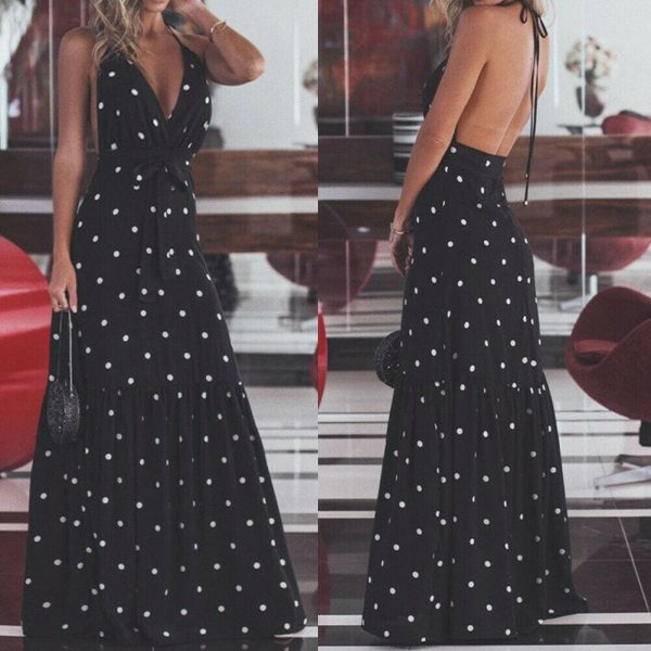 The Best Fashion Maxi Dress Women Ladies Casual Bandage Sleeveless Boho Polka Dot Sexy Backless Bodycon Online - Takalr