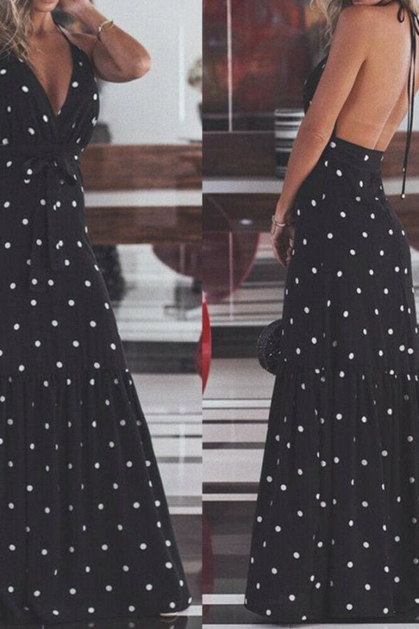 The Best Fashion Maxi Dress Women Ladies Casual Bandage Sleeveless Boho Polka Dot Sexy Backless Bodycon Online - Takalr