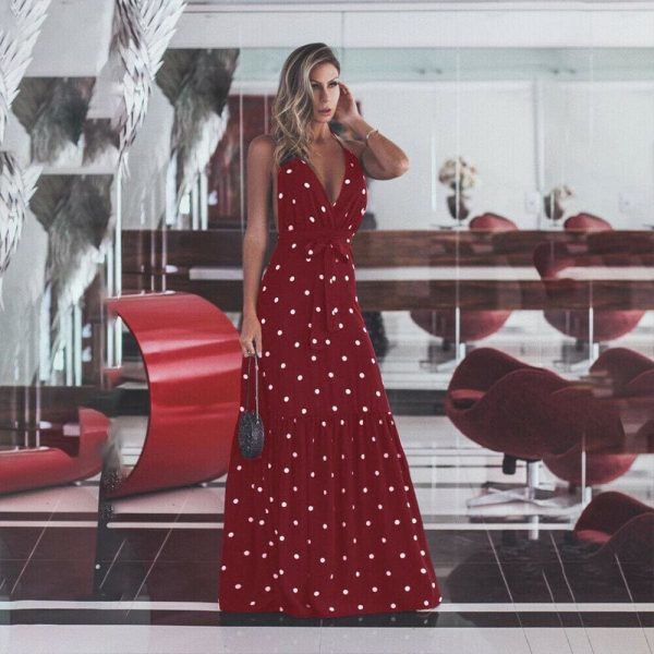 The Best Fashion Maxi Dress Women Ladies Casual Bandage Sleeveless Boho Polka Dot Sexy Backless Bodycon Online - Takalr