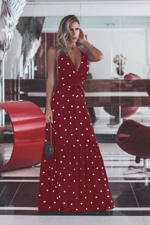 The Best Fashion Maxi Dress Women Ladies Casual Bandage Sleeveless Boho Polka Dot Sexy Backless Bodycon Online - Takalr