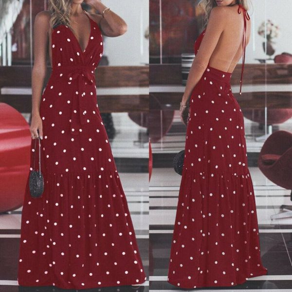 The Best Fashion Maxi Dress Women Ladies Casual Bandage Sleeveless Boho Polka Dot Sexy Backless Bodycon Online - Takalr