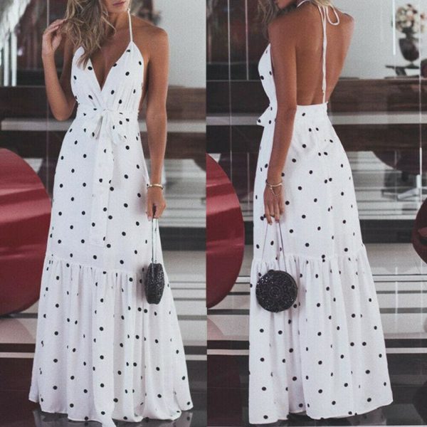 The Best Fashion Maxi Dress Women Ladies Casual Bandage Sleeveless Boho Polka Dot Sexy Backless Bodycon Online - Takalr