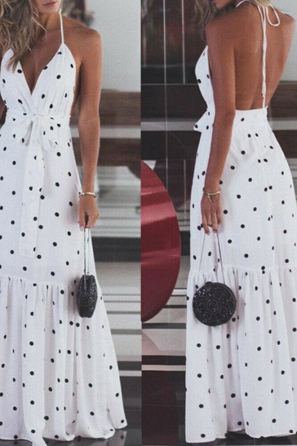 The Best Fashion Maxi Dress Women Ladies Casual Bandage Sleeveless Boho Polka Dot Sexy Backless Bodycon Online - Takalr