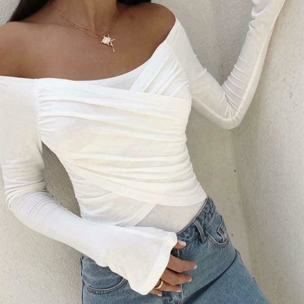 The Best Fashion New Women Ladies Cold Shoulder Blouse Tops Autumn Casual Long Sleeve Stretch Slim Fit Tee Shirt Tops Online - Takalr