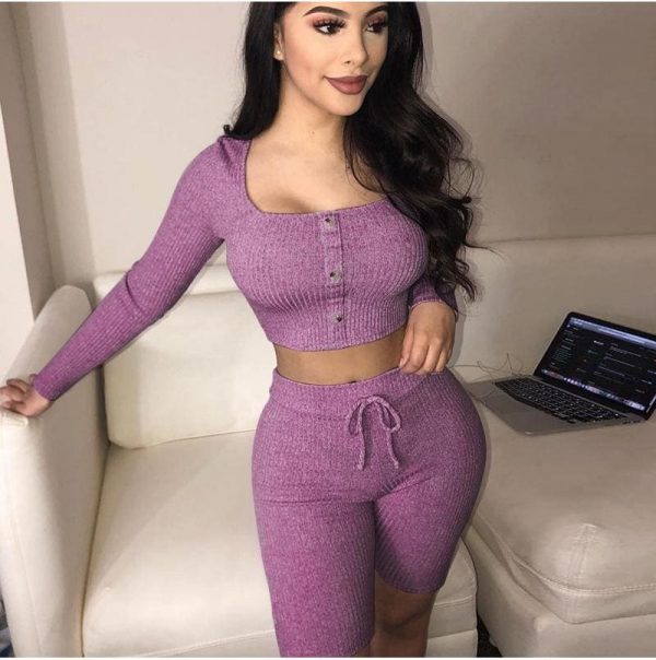 The Best Fashion Outfits Set Women Bandage Long Sleeve Crop Top and Shorts Pants Suit Fitness Workout Sport Stretch 2 Piece Set Online - Takalr