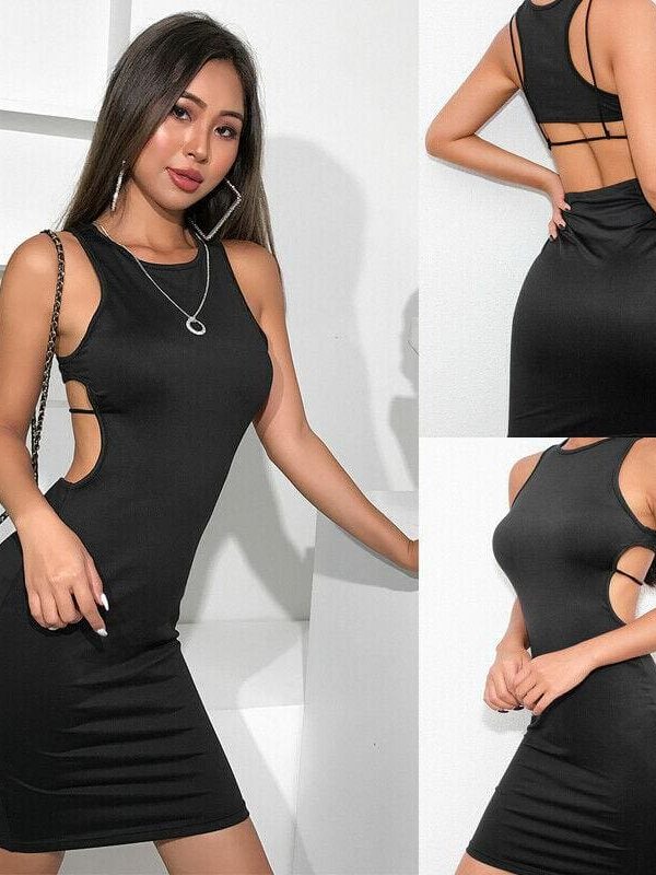 The Best Fashion Sexy Women Backless Strap Sleeveless Hollow Package Hip Bodycon Dress Ladies Summer Slim Solid Casual Dress Sundress Online - Takalr